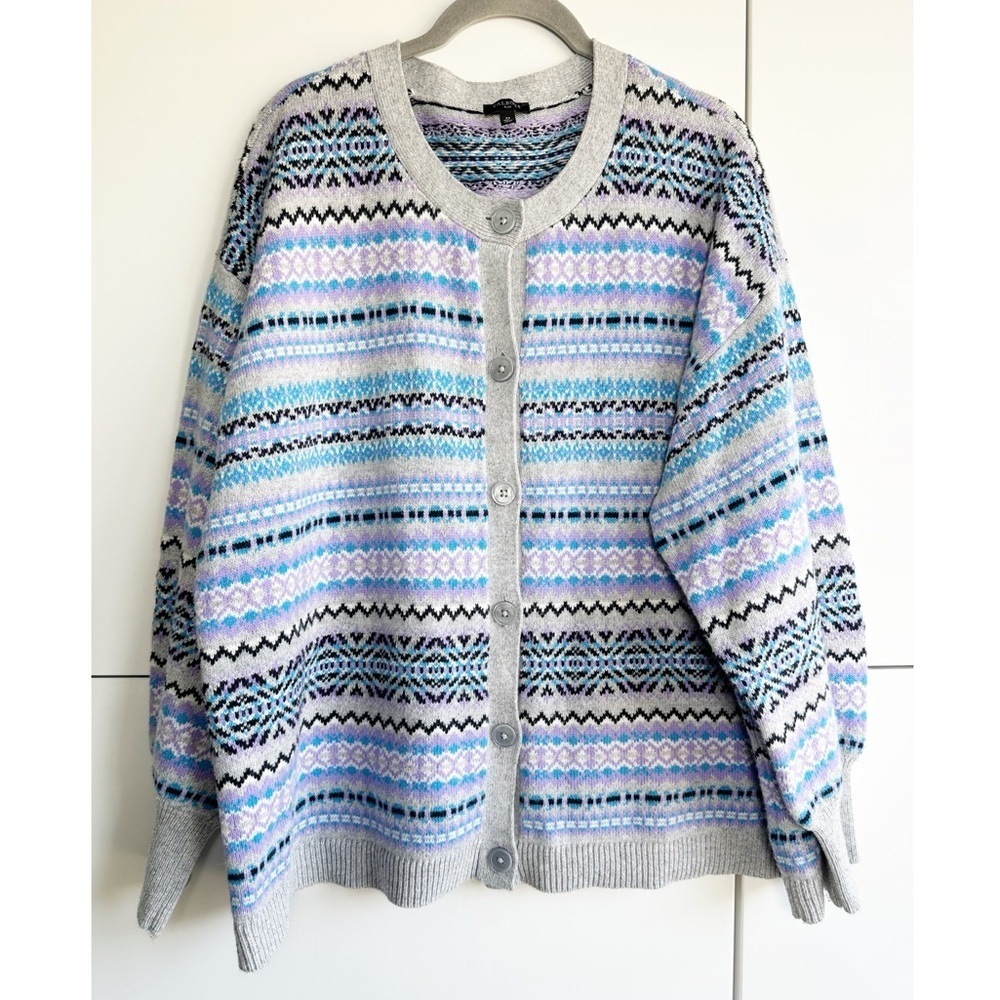 Talbots Fair Aisle Cardigan Sweater Size 2X Purple Gray Black Soft Cozy Warm